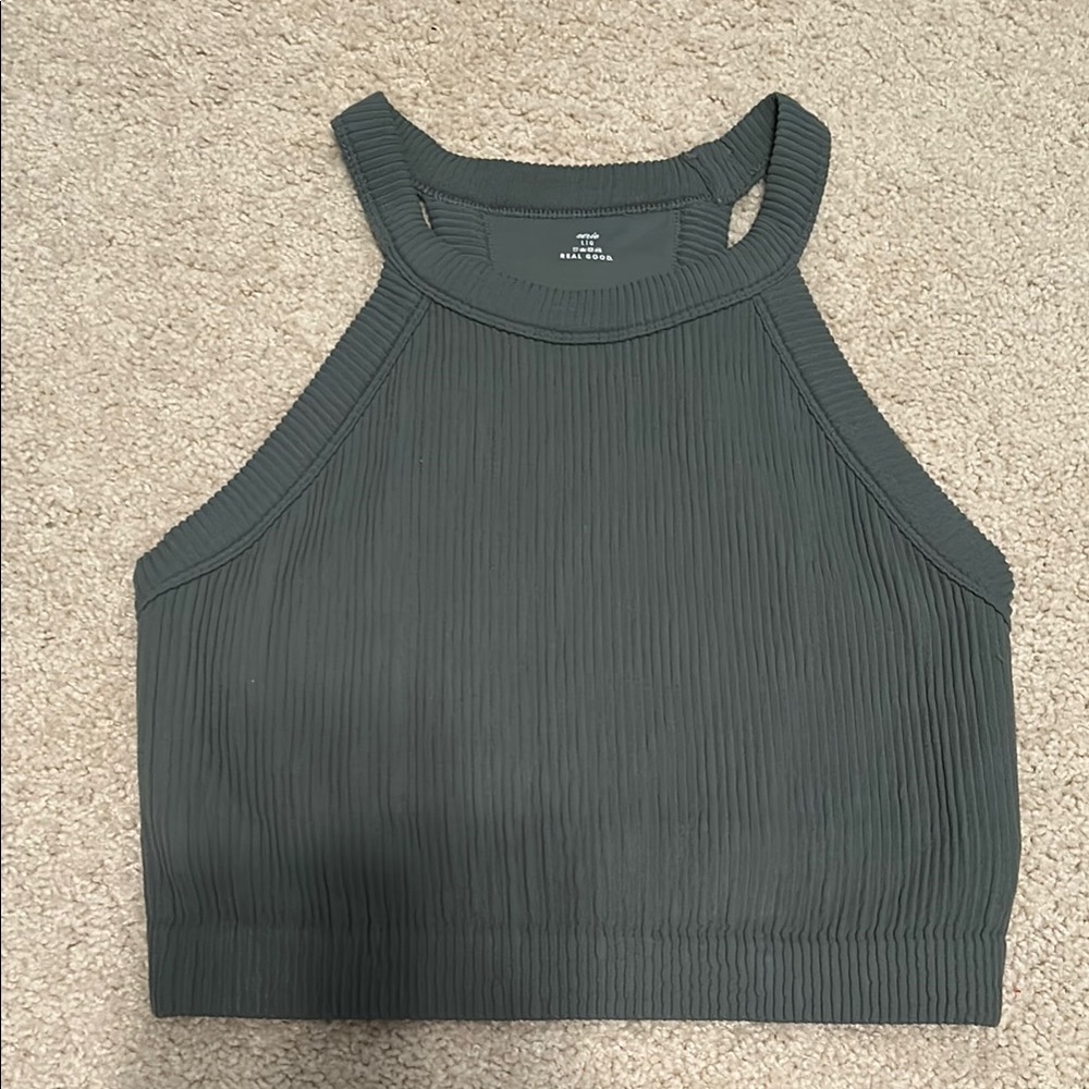 Aerie Ribbed High-Neck Crop Tank Top - Olive Green